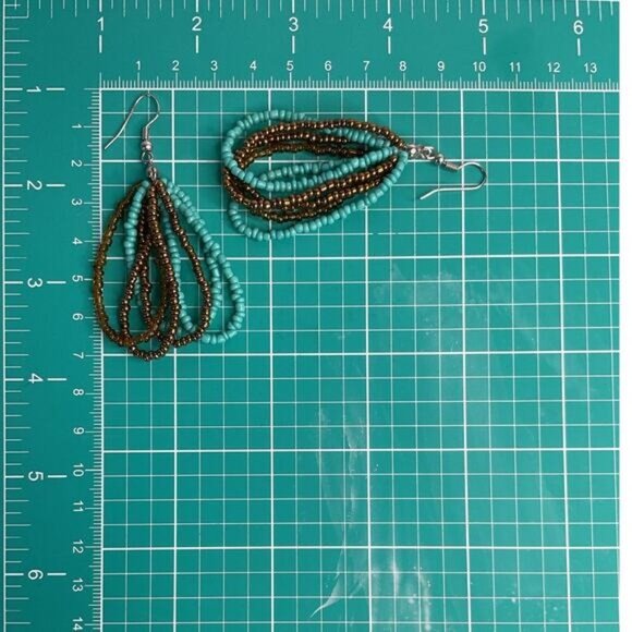 Teardrop Beaded Earrings With Turquoise & Brown Beads Boho Style Dangle Earrings - Picture 4 of 4
